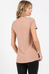 Beige Ribbed Twist Front Top