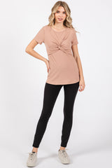 Beige Ribbed Twist Front Top