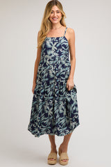 Navy Blue Leaf Print Square Neck Tiered Maternity Midi Dress