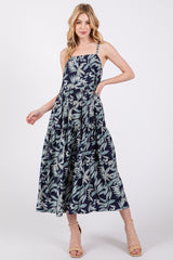 Navy Blue Leaf Print Square Neck Tiered Maternity Midi Dress