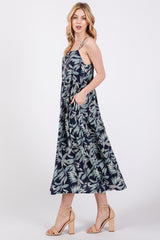 Navy Blue Leaf Print Square Neck Tiered Midi Dress