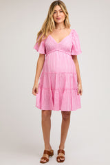 Pink Smocked V-Neck Ruffle Short Sleeve Tiered Maternity Dress