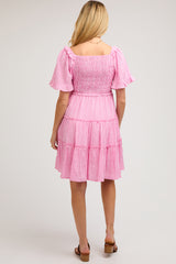 Pink Smocked V-Neck Ruffle Short Sleeve Tiered Maternity Dress