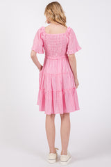 Pink Smocked V-Neck Ruffle Short Sleeve Tiered Dress