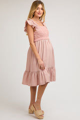 Mauve Crochet Knit Maternity Knee Length Dress