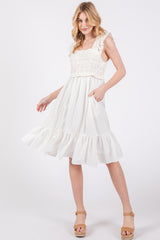 Ivory Crochet Knit Knee Length Dress