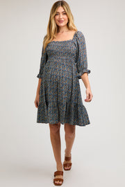 Navy Blue Floral Smocked Maternity Dress