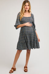 Navy Blue Floral Smocked Maternity Dress