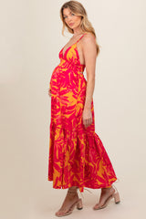 Coral Leaf Print Open Back Maternity Midi Dress