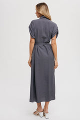 Charcoal Button Front Belted Short Sleeve Midi Dress