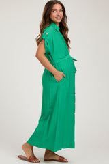 Green Button Front Belted Short Sleeve Maternity Midi Dress