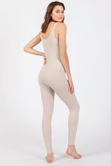 Beige V-Neck Seamless Ribbed Fitted Jumpsuit