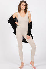 Beige V-Neck Seamless Ribbed Fitted Jumpsuit