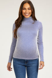 Blue Ribbed Maternity Turtleneck Top