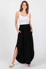 Black Smocked Rounded Hem Maternity Maxi Skirt