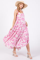 Pink Floral Sleeveless Tiered Maxi Dress