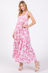 Pink Floral Sleeveless Tiered Maxi Dress