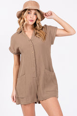 Taupe Gauze Button Up Front Pocket Romper