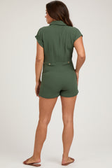 Olive Gauze Button Up Front Pocket Maternity Romper