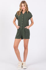 Olive Gauze Button Up Front Pocket Romper