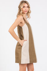 Olive Color Block Linen Sleeveless Dress