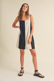 Black Color Block Linen Sleeveless Dress