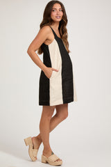 Black Color Block Linen Sleeveless Maternity Dress