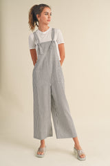 Black Striped Linen Maternity Overalls