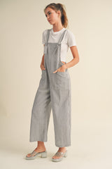 Black Striped Linen Overalls