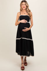 Black Ric Rac Trim Tiered Maternity Midi Dress