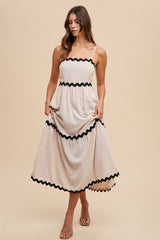 Beige Ric Rac Trim Tiered Midi Dress