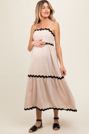 Beige Ric Rac Trim Tiered Maternity Midi Dress