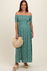 Green Floral Smocked Fitted Sleeve Side Slit Maternity Maxi Dress