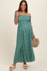 Green Floral Smocked Fitted Sleeve Side Slit Maternity Maxi Dress