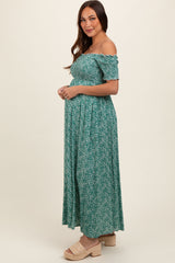 Green Floral Smocked Fitted Sleeve Side Slit Maternity Maxi Dress