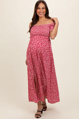 Red Floral Smocked Fitted Sleeve Side Slit Maternity Maxi Dress