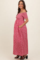 Red Floral Smocked Fitted Sleeve Side Slit Maternity Maxi Dress