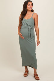 Sage Sleeveless Ribbed Waist Tie Wrapped Hem Maternity Dress