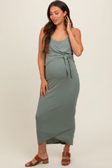 Sage Sleeveless Ribbed Waist Tie Wrapped Hem Maternity Dress