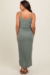 Sage Sleeveless Ribbed Waist Tie Wrapped Hem Maternity Dress