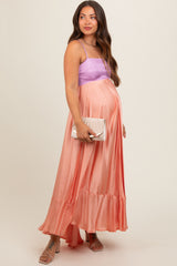 Peach Colorblock Sleeveless Satin Maternity Dress