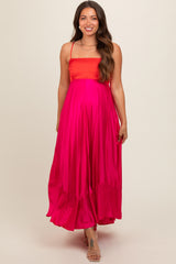 Fuchsia Colorblock Sleeveless Satin Maternity Dress