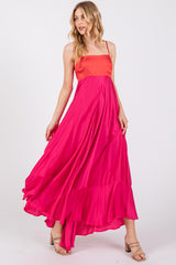 Fuchsia Colorblock Sleeveless Satin Maternity Dress