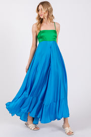 Green Colorblock Sleeveless Satin Dress