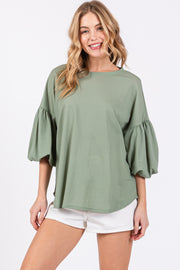 Light Olive Drop Shoulder Puff Sleeve Top