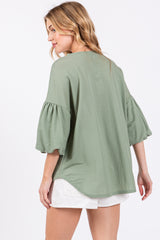 Light Olive Drop Shoulder Puff Sleeve Top