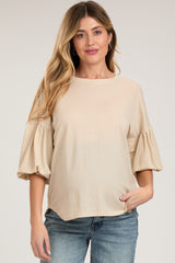 Beige Drop Shoulder Puff Sleeve Maternity Top