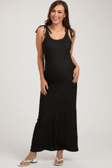 Black Textured Tie Strap Maternity Midi Dress