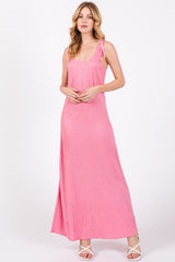 Pink Textured Tie Strap Maternity Midi Dress