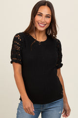 Black Open Knit Short Puff Sleeve Maternity Sweater Top